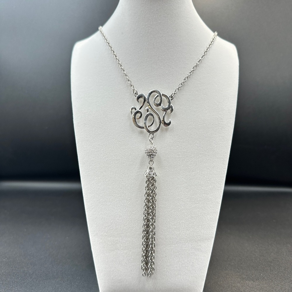 Vintage Rhinestone Silver-Tone 'S' Monogram Tassel Drop Fashion Pendant Necklace